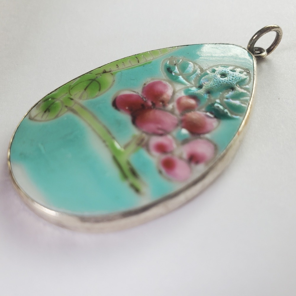 Vintage Turquoise Cloisonne Enamel Floral Teardrop Pottery Shard Pendant Focal‎ - Picture 4 of 10